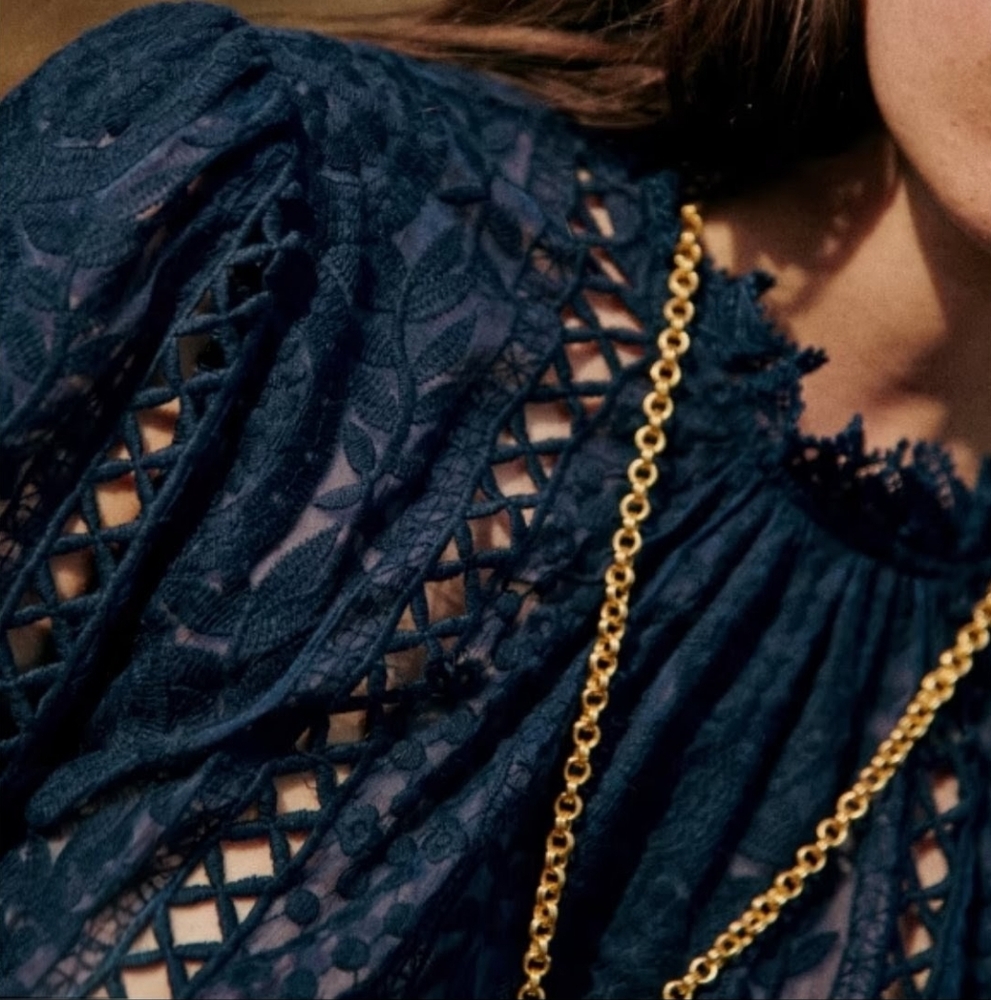 RARE Sezane Navy Lace Long-Sleeve Blouse - Picture 3 of 12